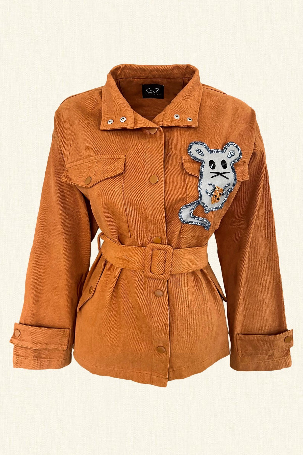 Deri Üzeri Boncuk İşlemeli Fare Figürlü Kiremit Renk Jean Ceket