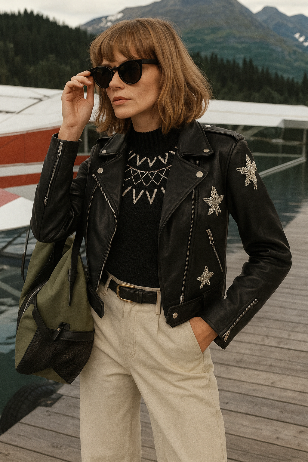 Gümüş Yıldız İşlemeli Siyah Biker Deri Ceket