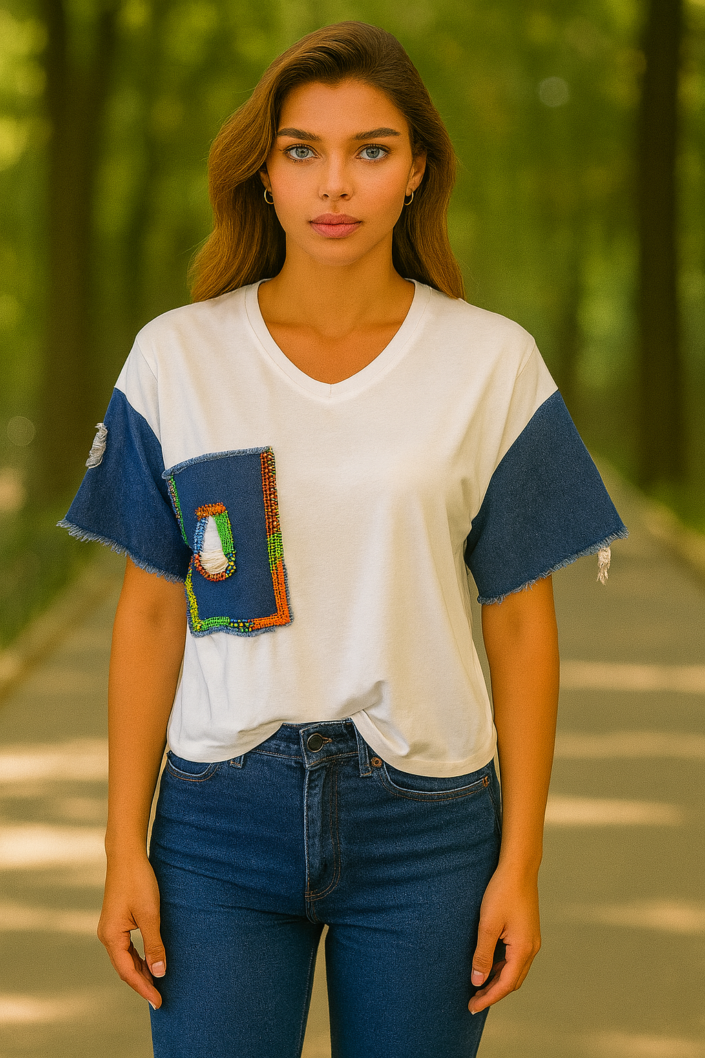 Jean Detaylı Boncuk İşlemeli Beyaz Tişört