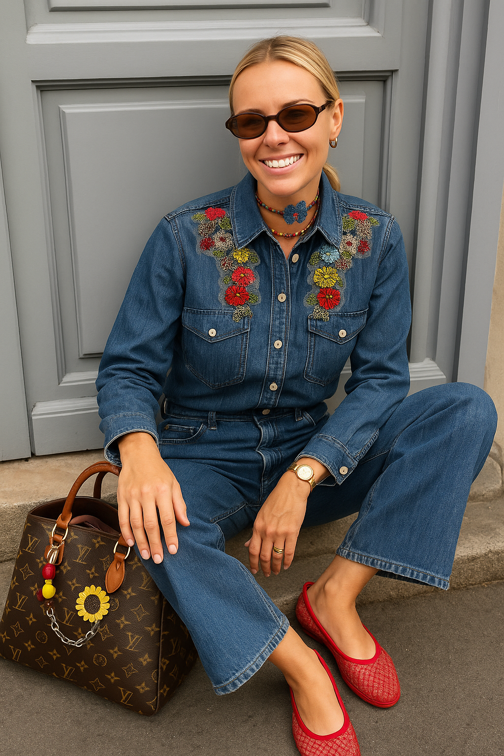 Boncuklu Çiçek İşlemeli Jean Gömlek