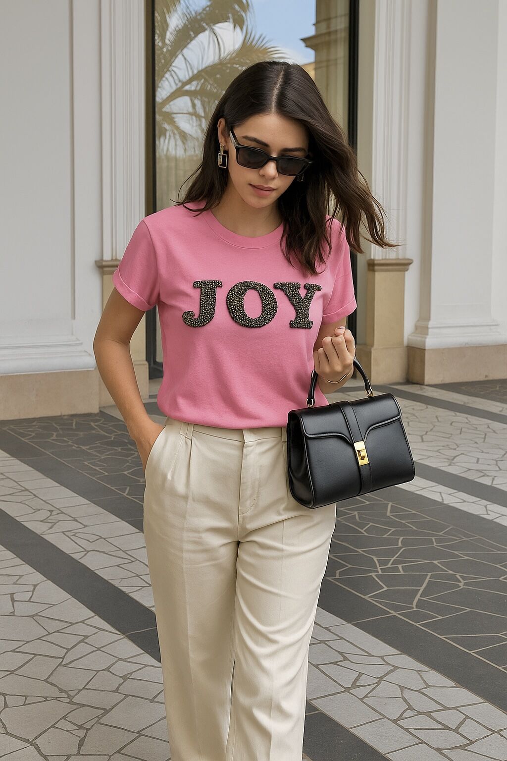 JOY İşlemeli Pembe Tişört