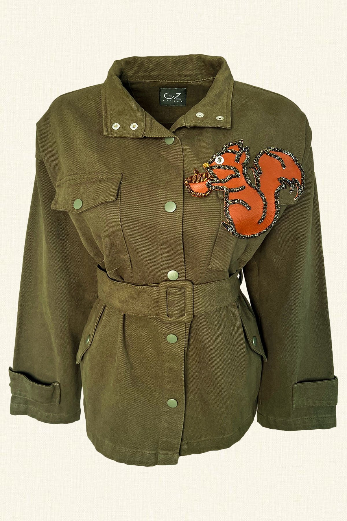 Deri Üzeri Boncuk İşlemeli Sincap Figürlü Yeşil Renk Jean Ceket