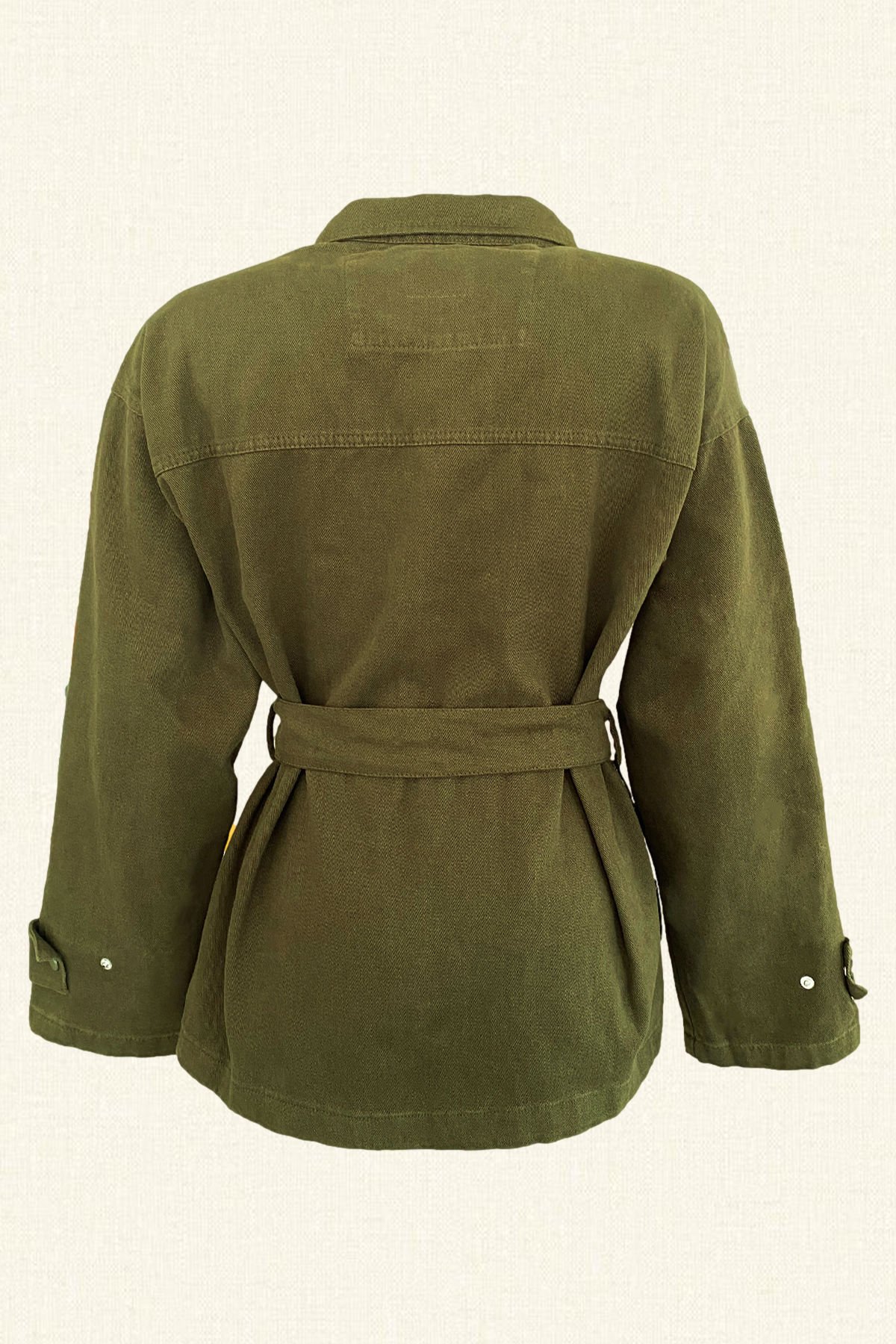 Deri Üzeri Boncuk İşlemeli Sincap Figürlü Yeşil Renk Jean Ceket