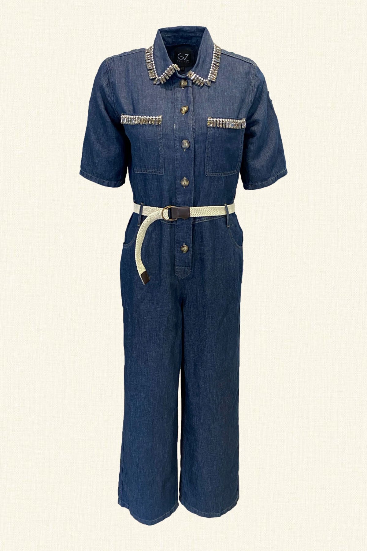 Yakası Kristal Taş Püsküllü Jean Tulum