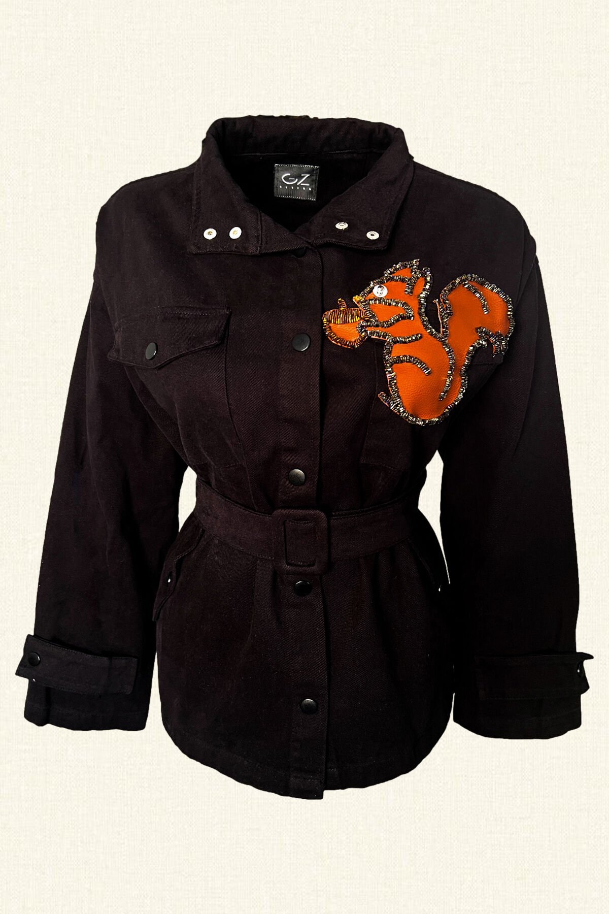 Deri Üzeri Boncuk İşlemeli Sincap Figürlü Siyah Renk Jean Ceket