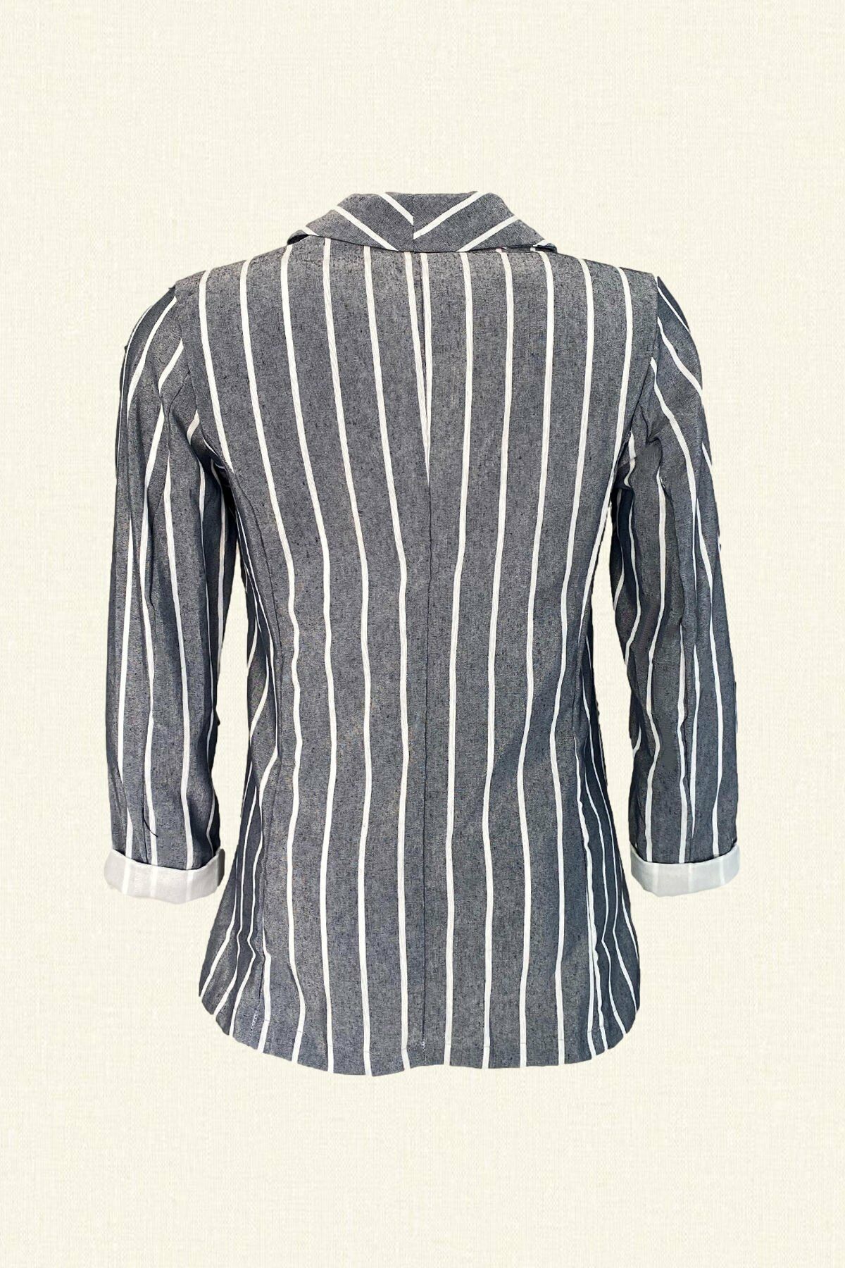 Yeşil Böcek İşlemeli Beyaz Çizgili Gri Renk Keten Blazer Ceket