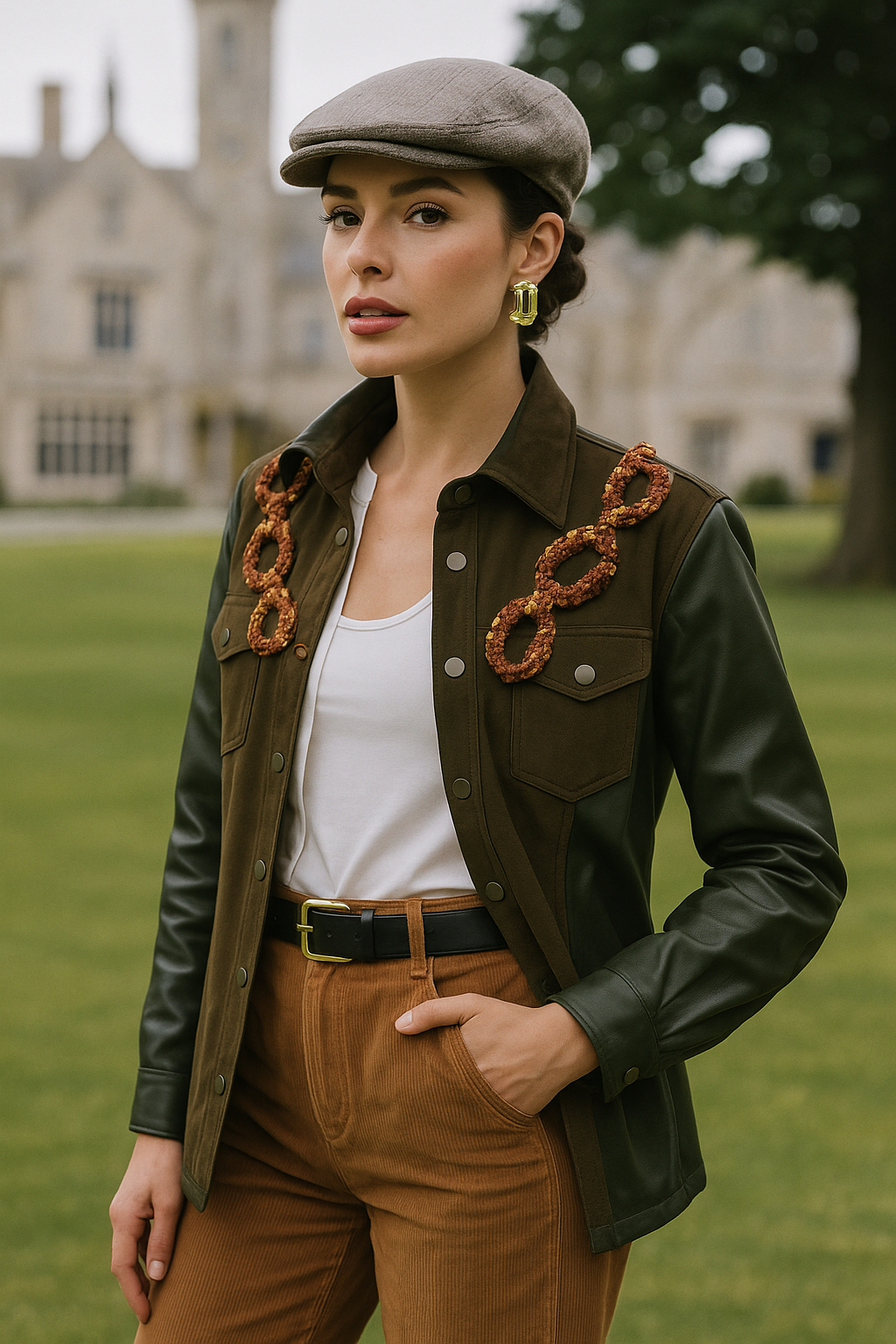 Bakır Zincir İşlemeli Kolları Deri Detaylı Asker Yeşili  Jean Ceket