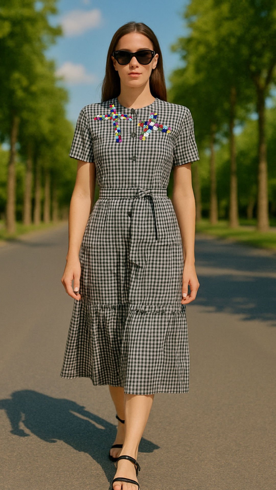 Renkli X İşlemeli Siyah Pötikare Midi Boy Elbise