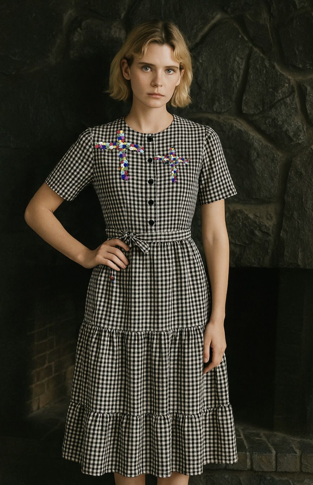 Renkli X İşlemeli Siyah Pötikare Midi Boy Elbise