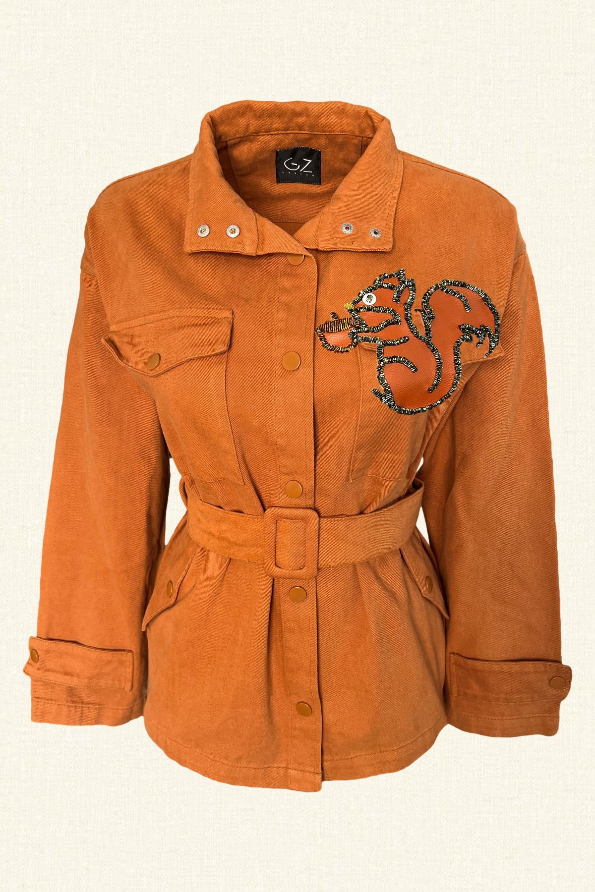 Deri Üzeri Boncuk İşlemeli Sincap Figürlü Kiremit Renk Jean Ceket