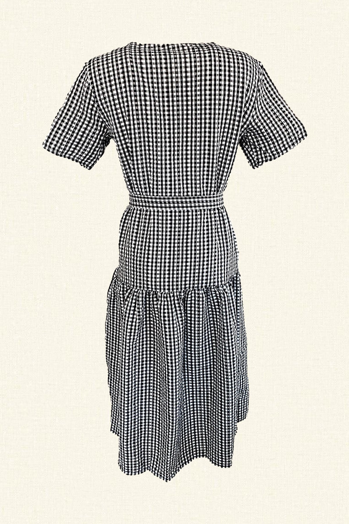 Renkli X İşlemeli Siyah Pötikare Midi Boy Elbise