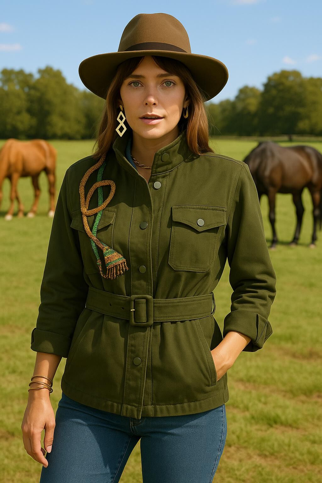 Turuncu Püskül İşlemeli Yeşil Renk Jean Ceket