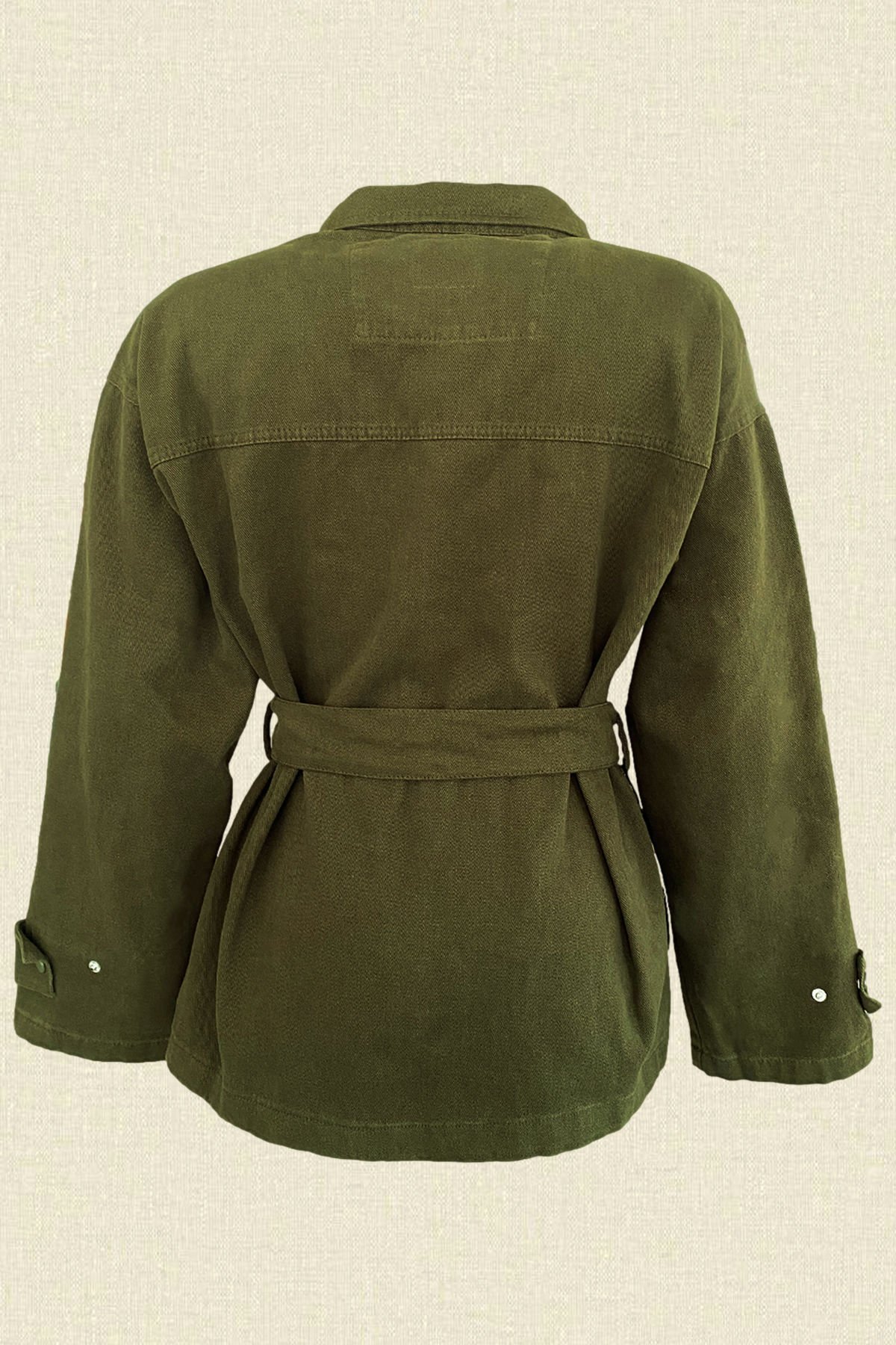 Turuncu Püskül İşlemeli Yeşil Renk Jean Ceket