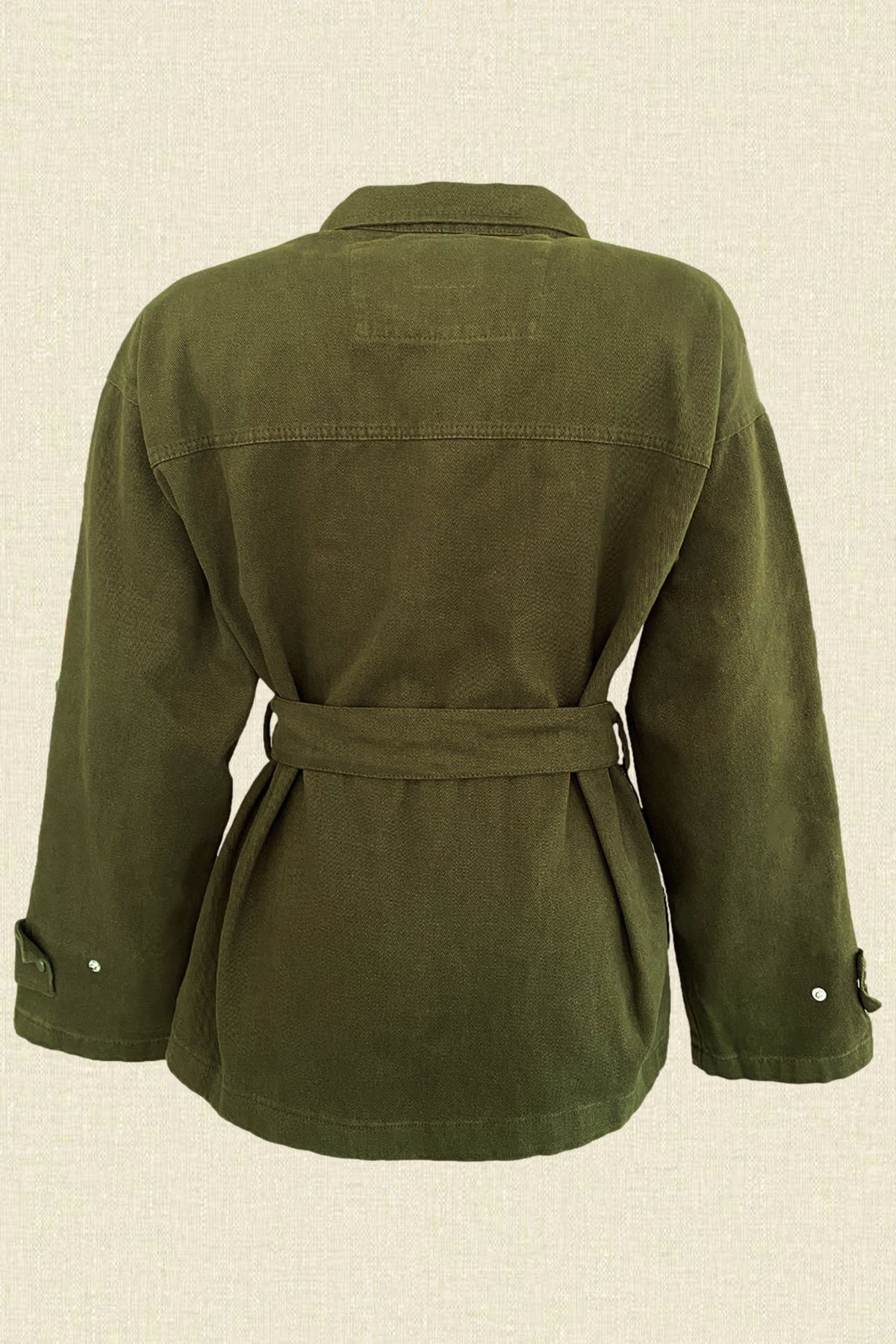 Turuncu Püskül İşlemeli Yeşil Renk Jean Ceket