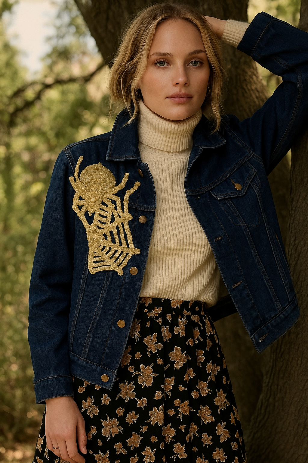 Örümcek İşlemeli Koyu Renk Jean Ceket