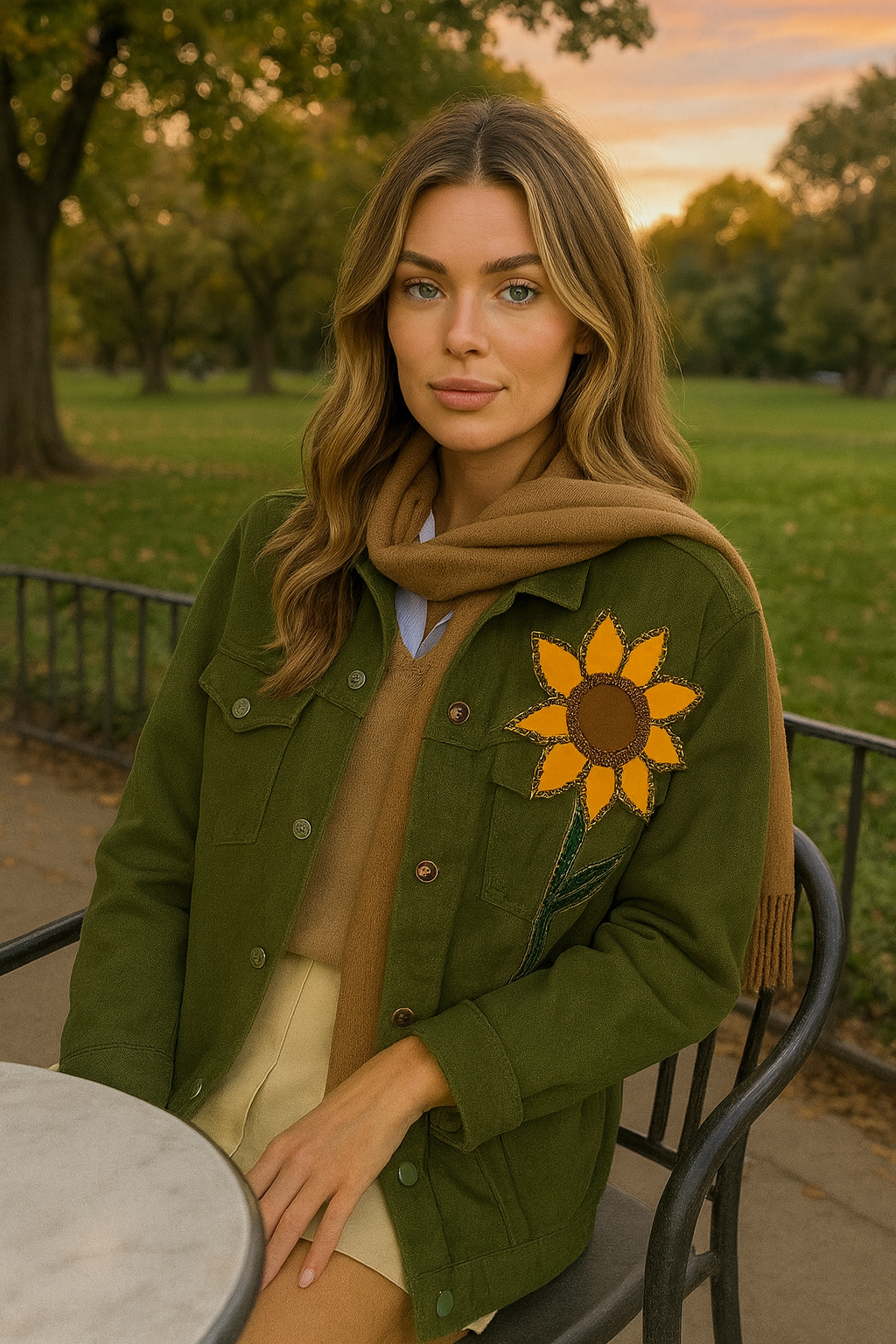 Deri Üzeri Boncuk İşlemeli Ayçiçeği Figürlü Yeşil Renk Jean Ceket