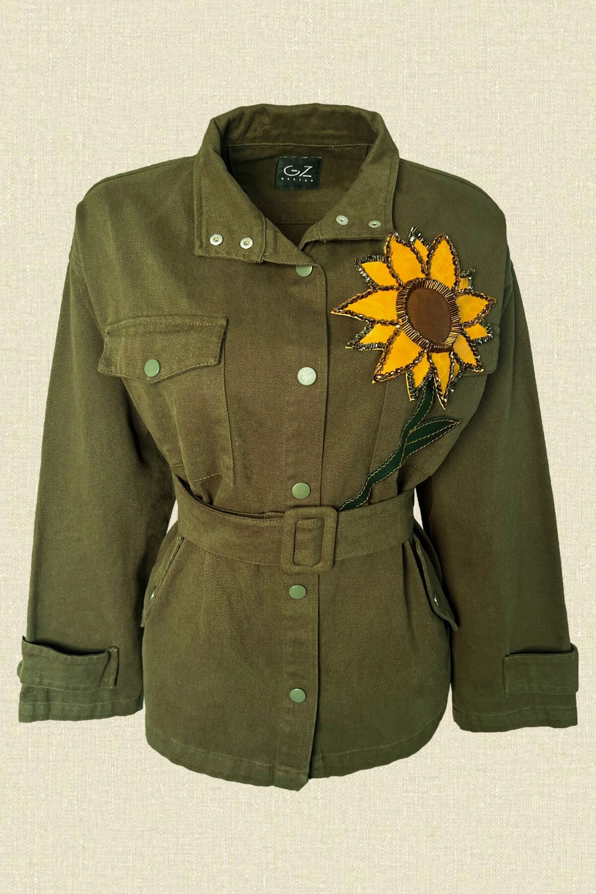Deri Üzeri Boncuk İşlemeli Ayçiçeği Figürlü Yeşil Renk Jean Ceket