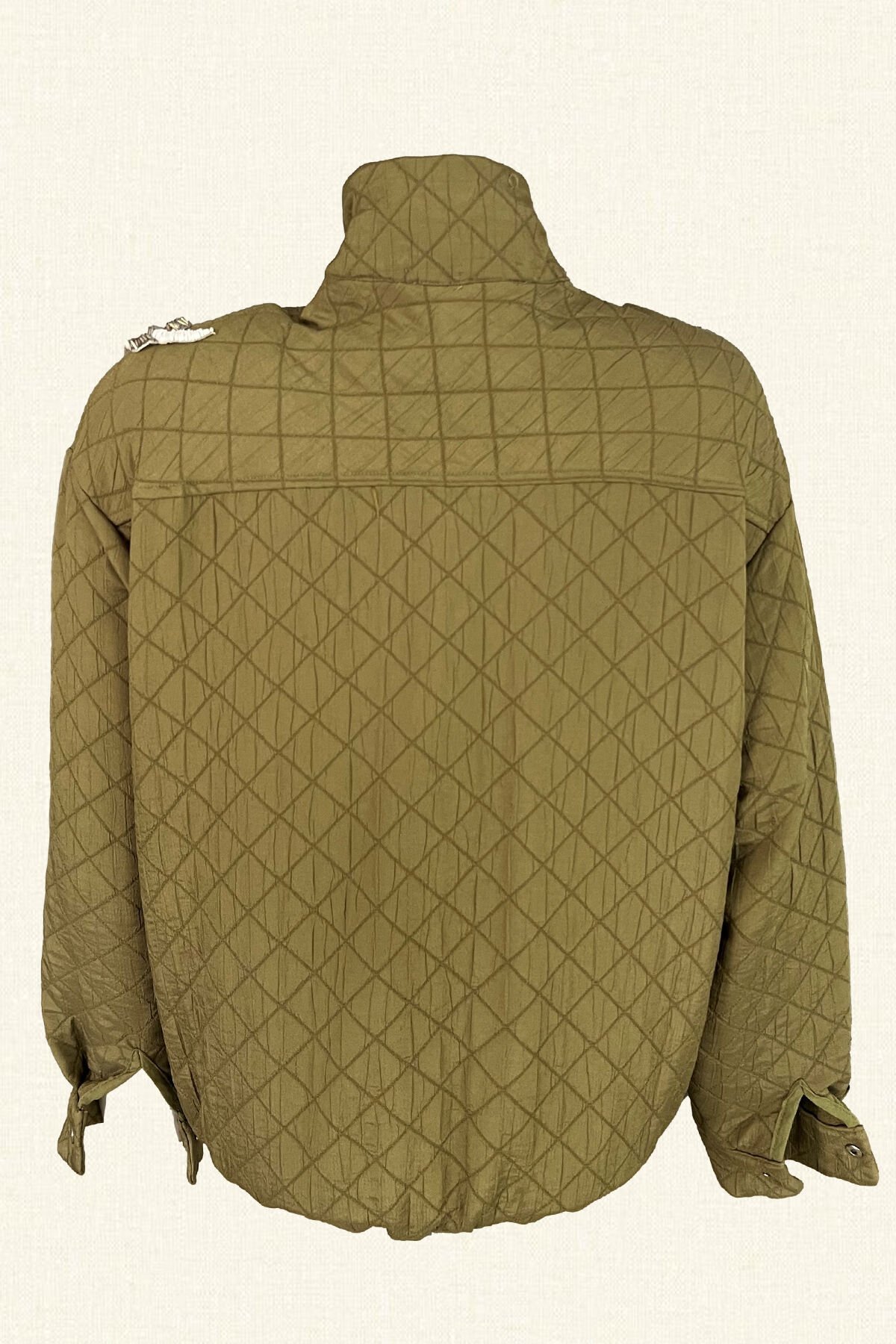 Helezon Motifli İnci ve Kristal Taş İşlemeli Asker Yeşili Oversize Bomber Ceket