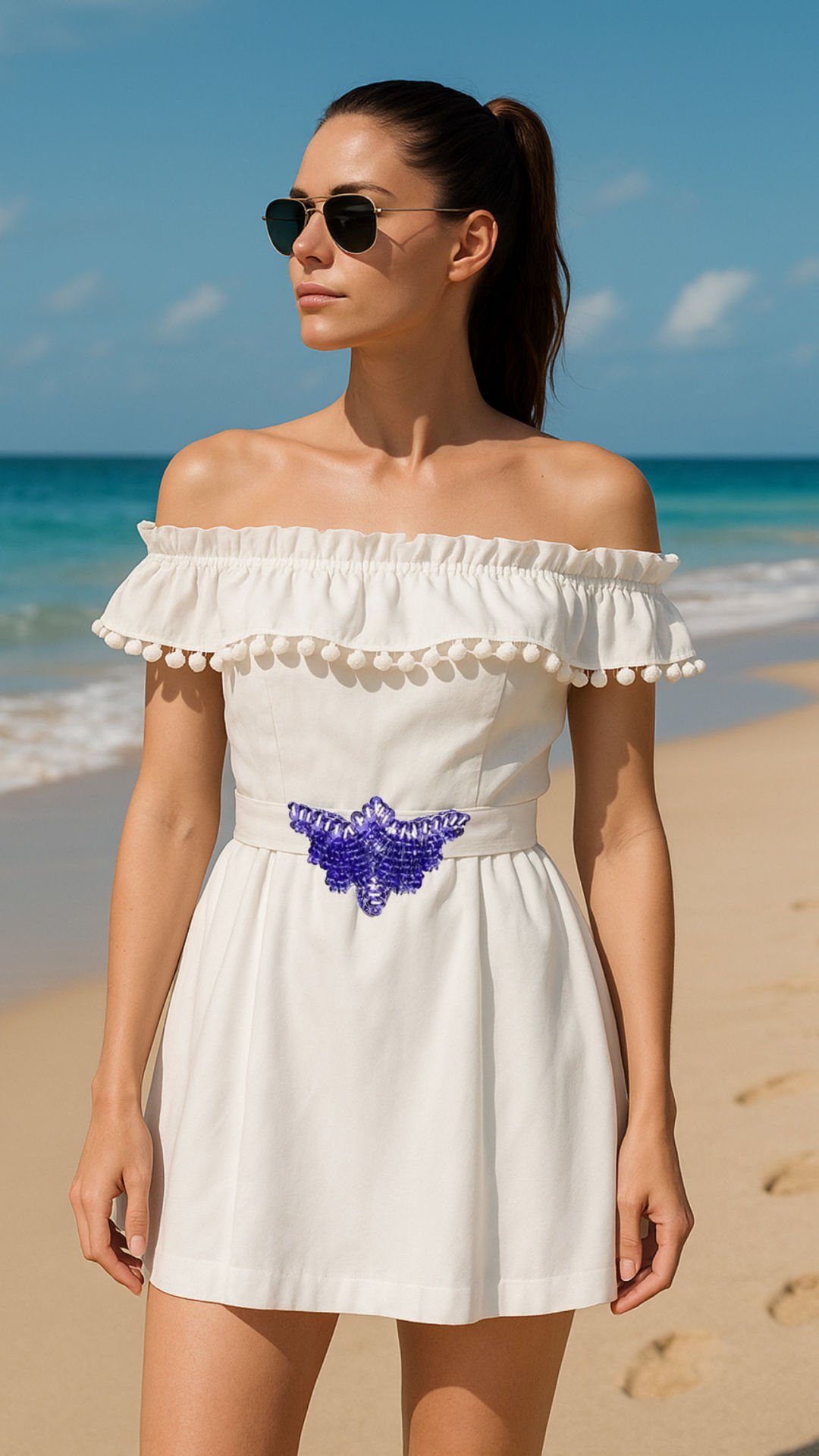 Kemeri Lila Renk İşlemeli Beyaz Kayık Yaka Elbise