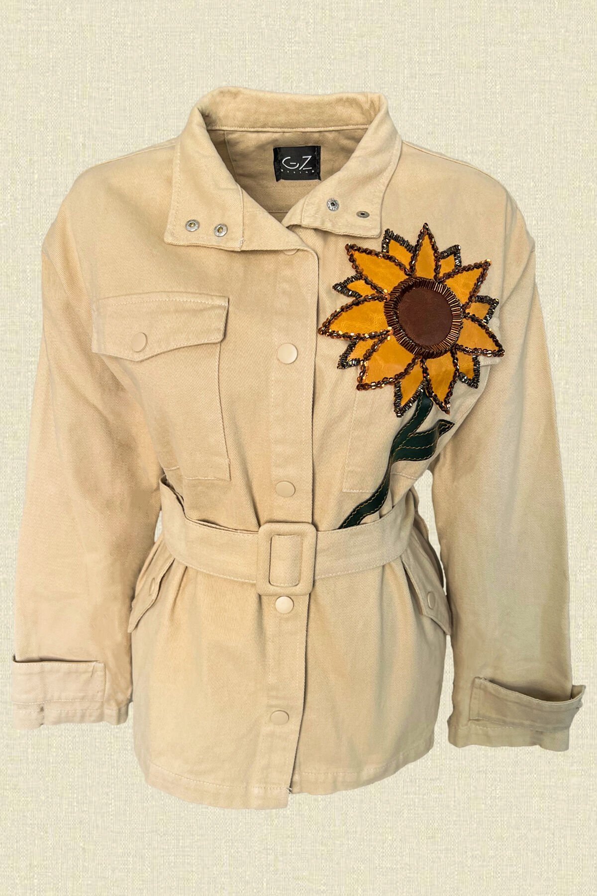 Deri Üzeri Boncuk İşlemeli Ayçiçeği Figürlü Krem Renk Jean Ceket