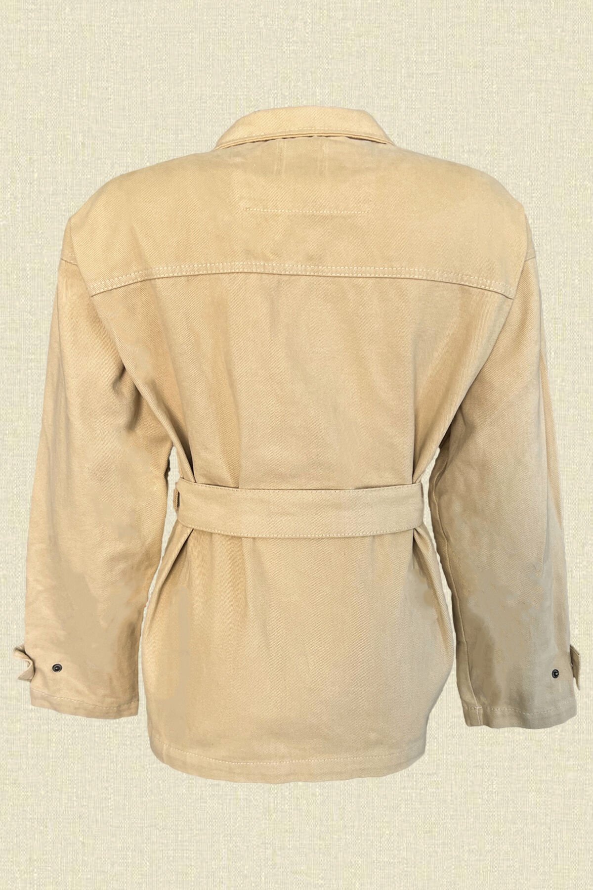 Deri Üzeri Boncuk İşlemeli Ayçiçeği Figürlü Krem Renk Jean Ceket