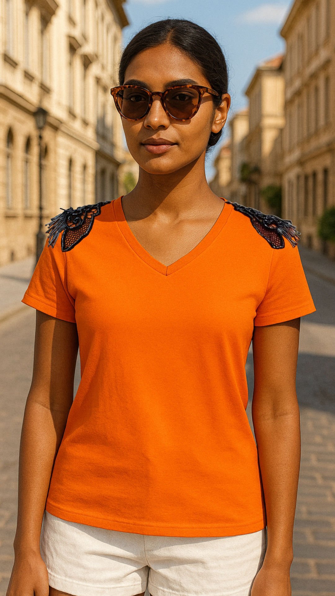 Omuzları Siyah Boncuk İşlemeli Turuncu V Yaka Tişört