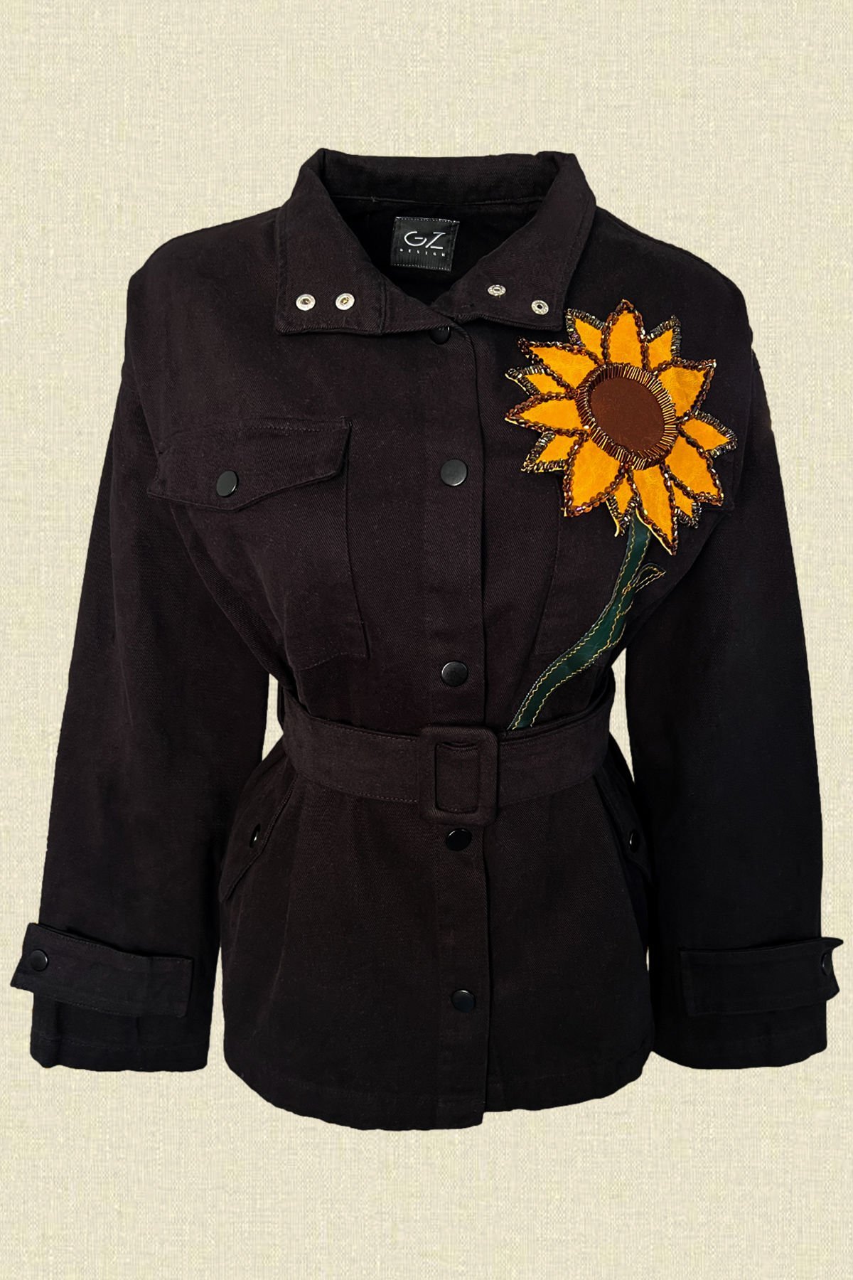 Deri Üzeri Boncuk İşlemeli Ayçiçeği Figürlü Siyah Renk Jean Ceket