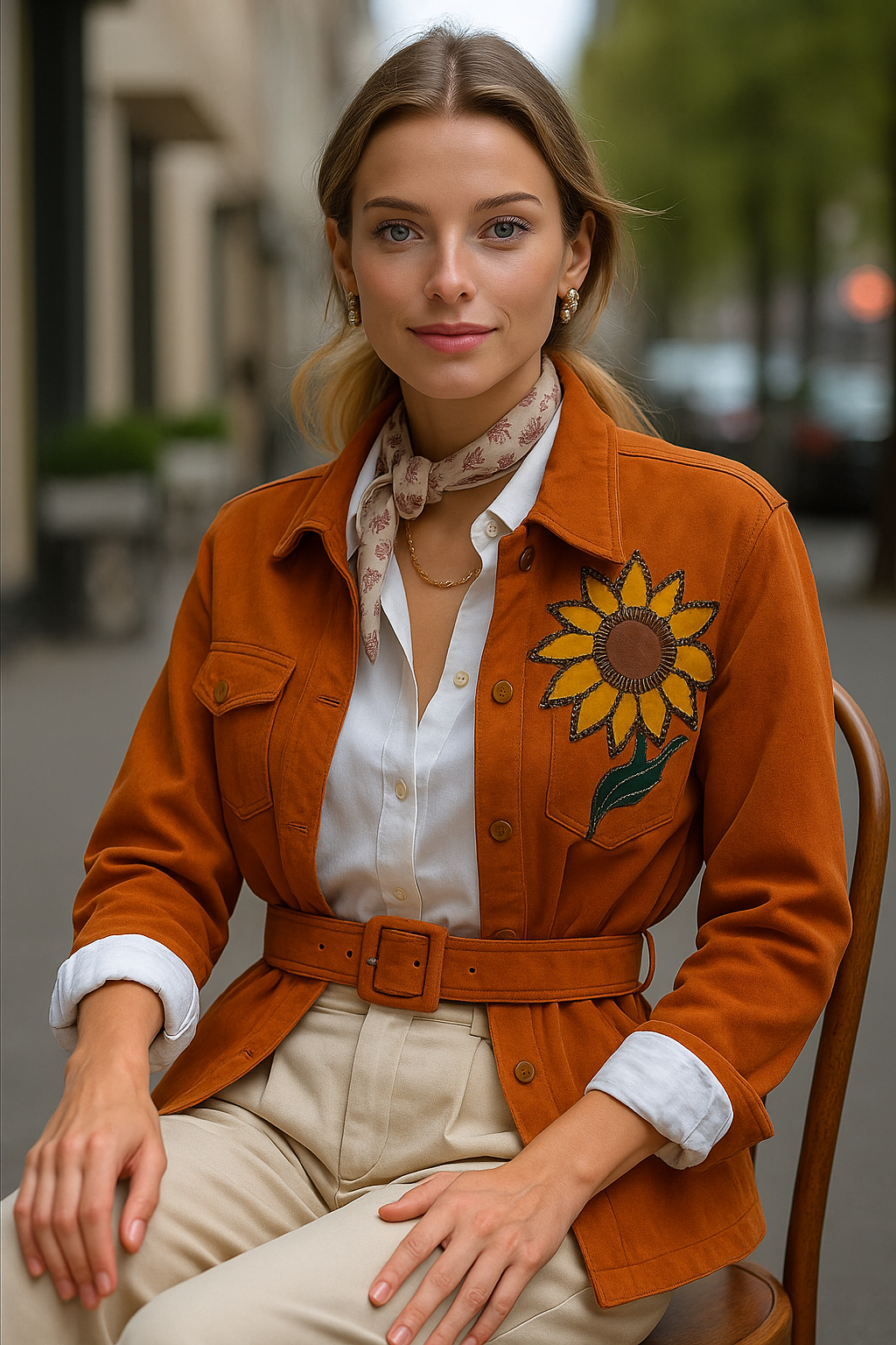 Deri Üzeri Boncuk İşlemeli Ayçiçeği Figürlü Siyah Kiremit Jean Ceket