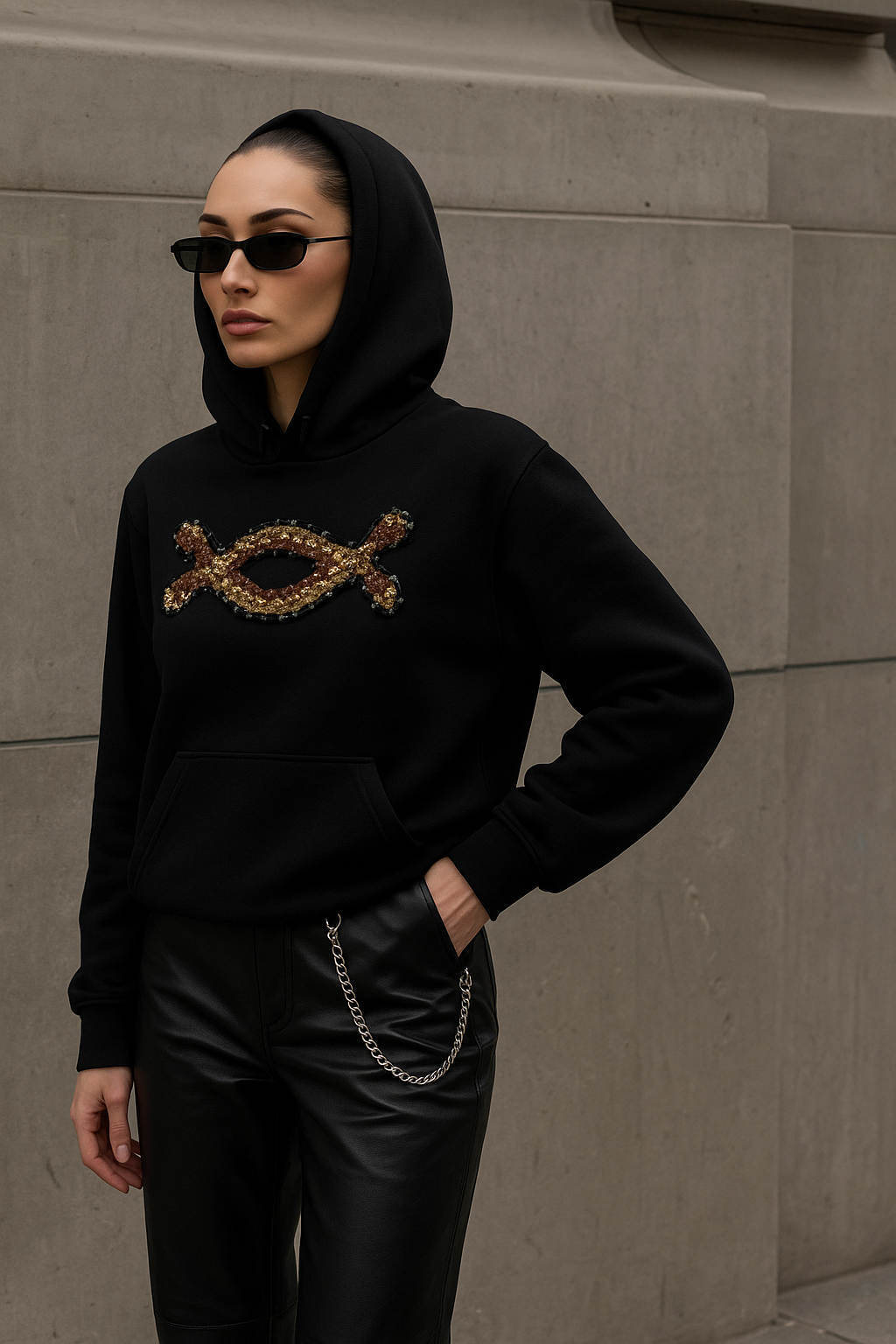 Gold İşlemeli Siyah Renk Kapişonlu Sweatshirt