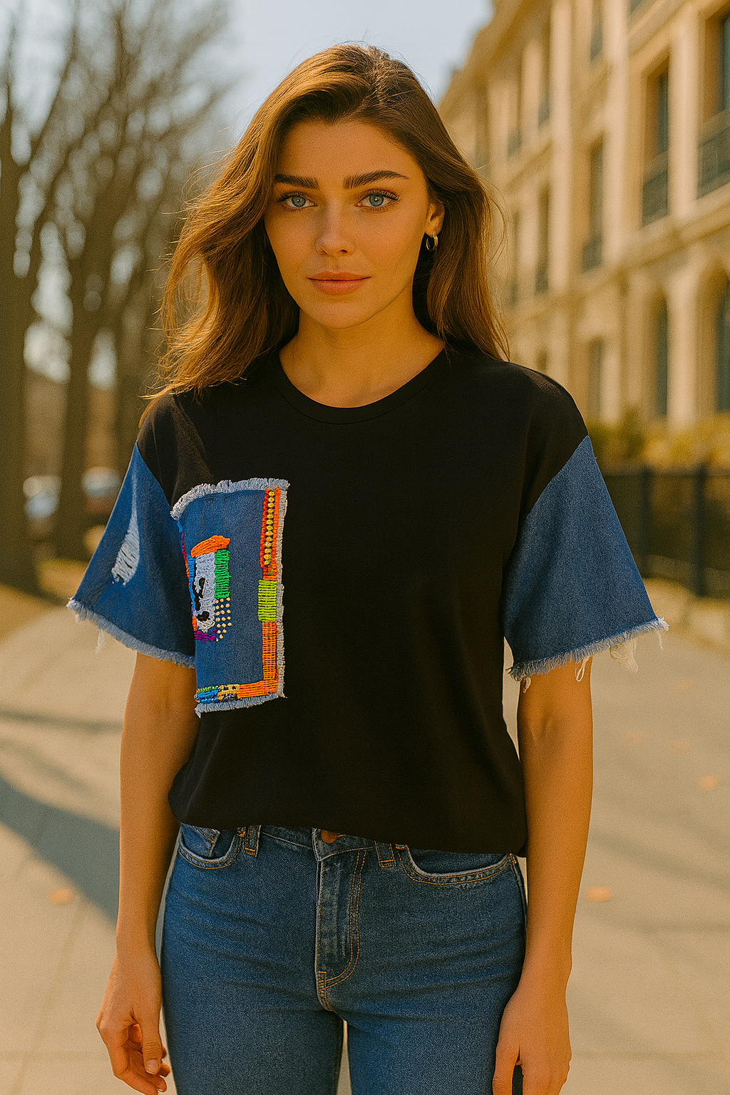 Jean Detaylı Boncuk İşlemeli Siyah Tişört