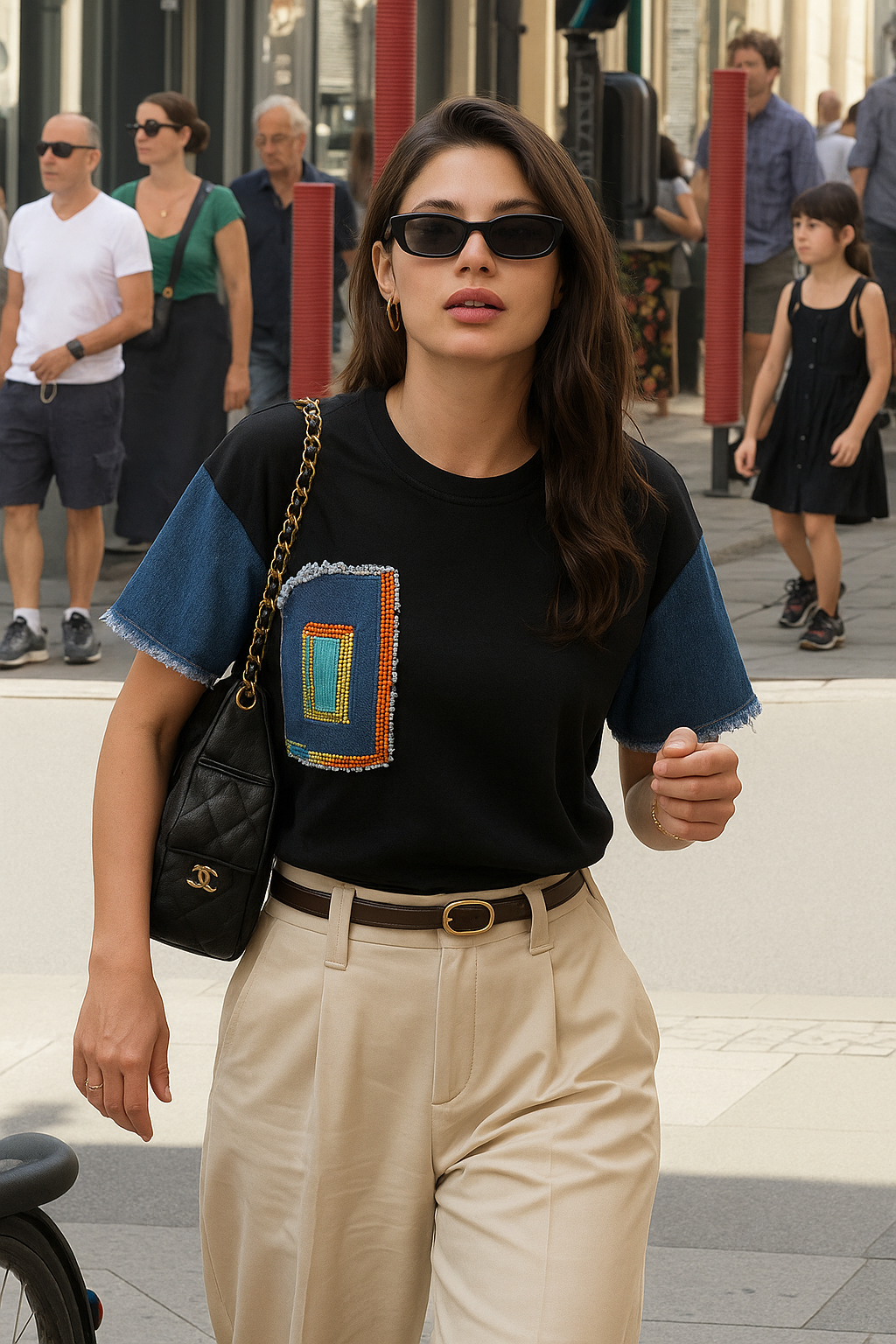 Jean Detaylı Boncuk İşlemeli Siyah Tişört