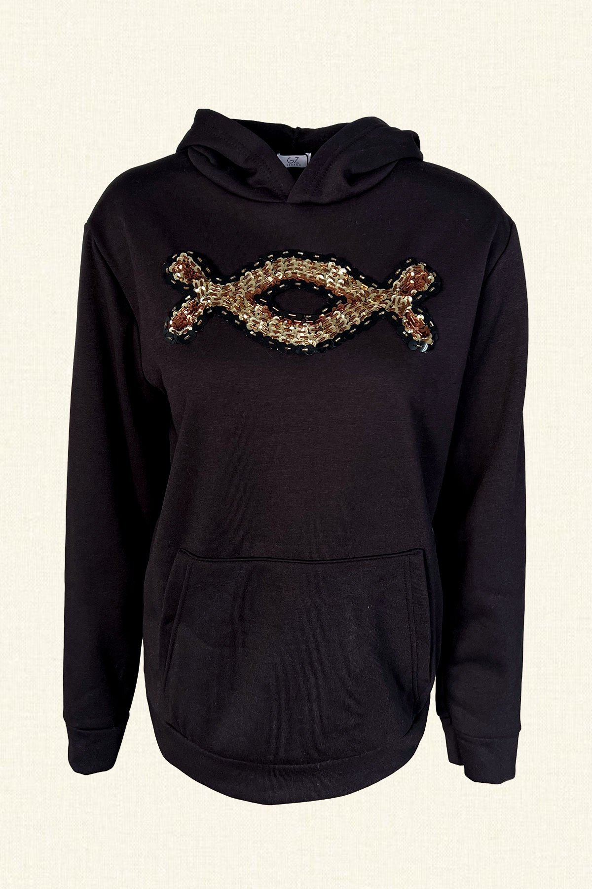 Gold İşlemeli Siyah Renk Kapişonlu Sweatshirt