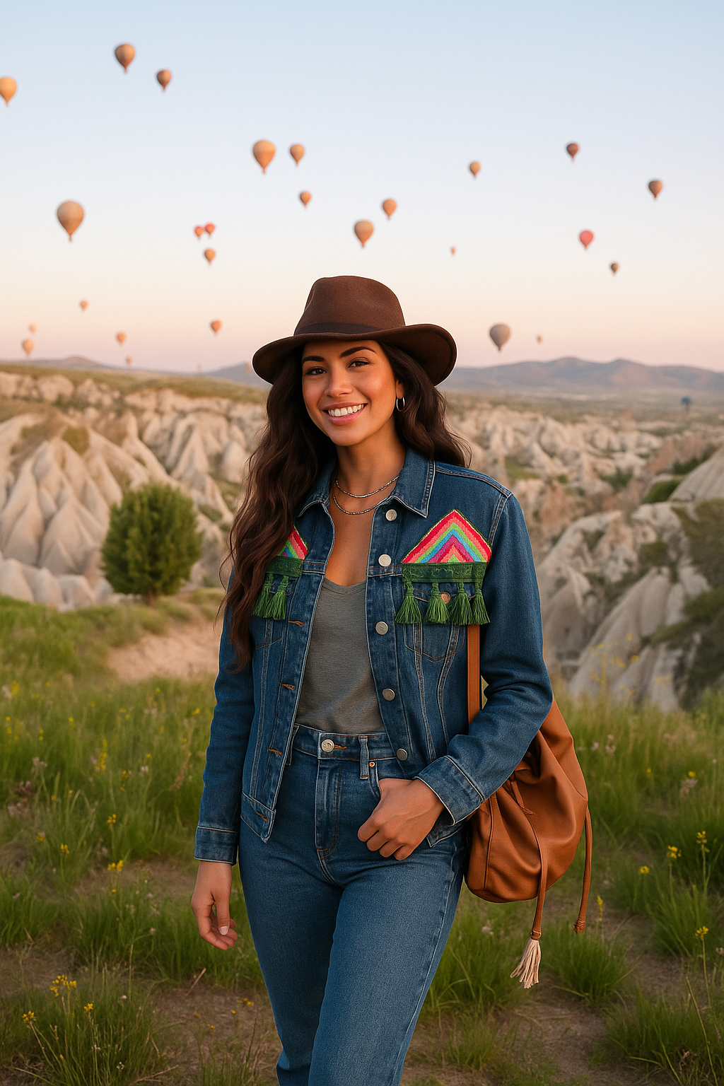 Renkli İşlemeli Yeşil Püskül Detaylı Koyu Renk Jean Ceket