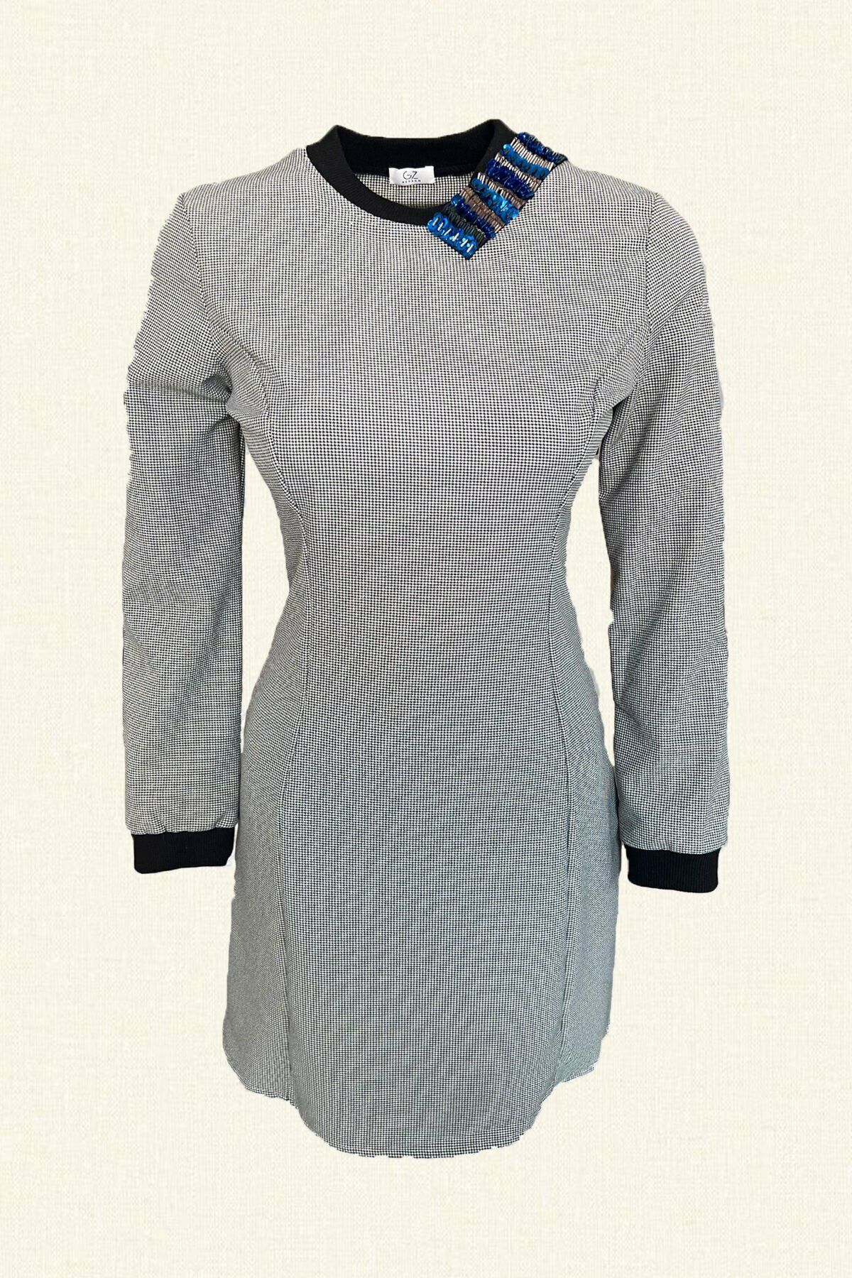 Mavi İşlemeli Kazayağı Desenli Elbise