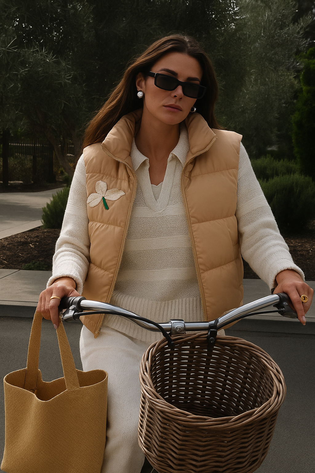 Beyaz Yonca Motifi İşlemeli Krem Bomber Şişme Yelek