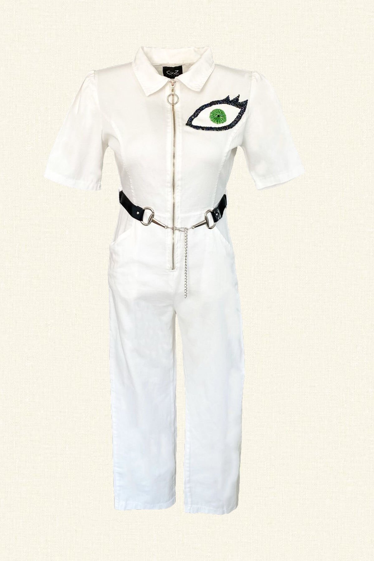 Deri Üzeri Göz İşlemeli Kemer Detaylı Beyaz Slim Fit Jean Tulum