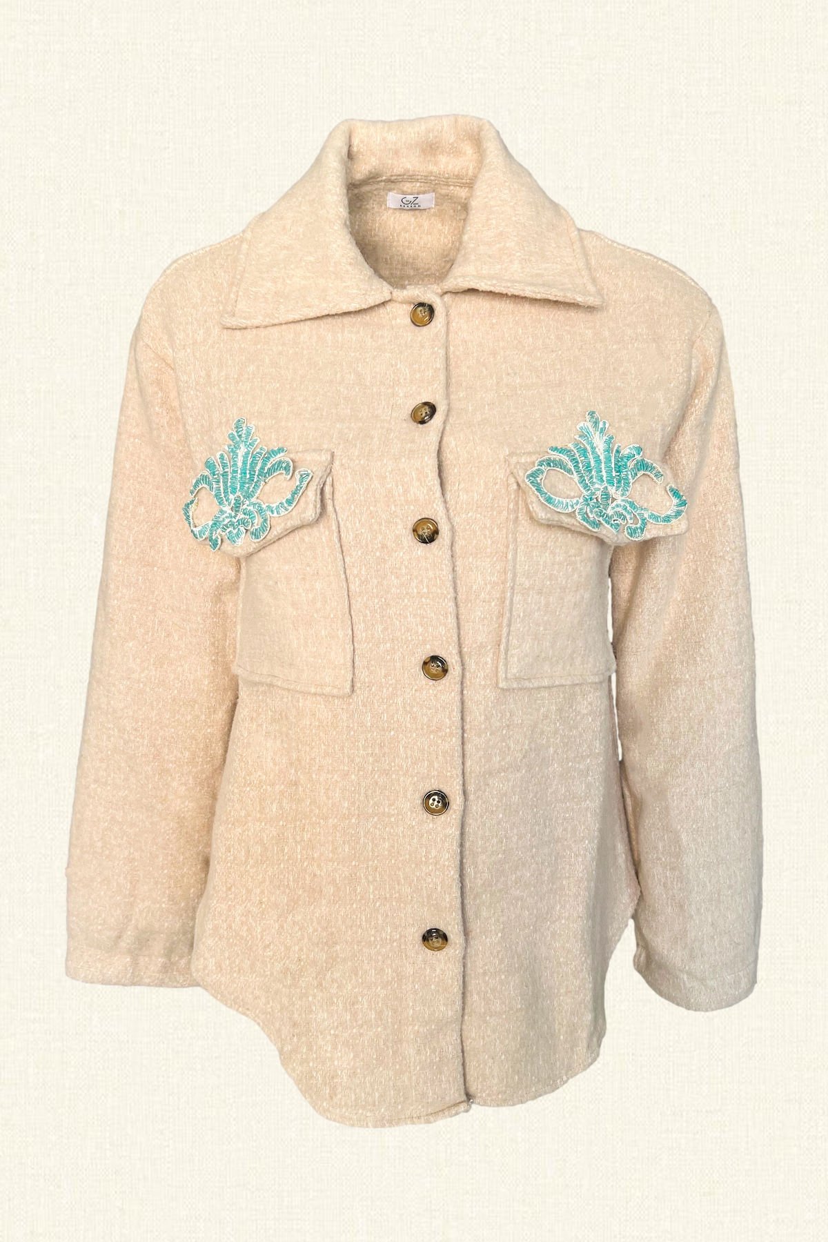 Mavi İşlemeli Krem Renk Yünlü Kaşe Ceket