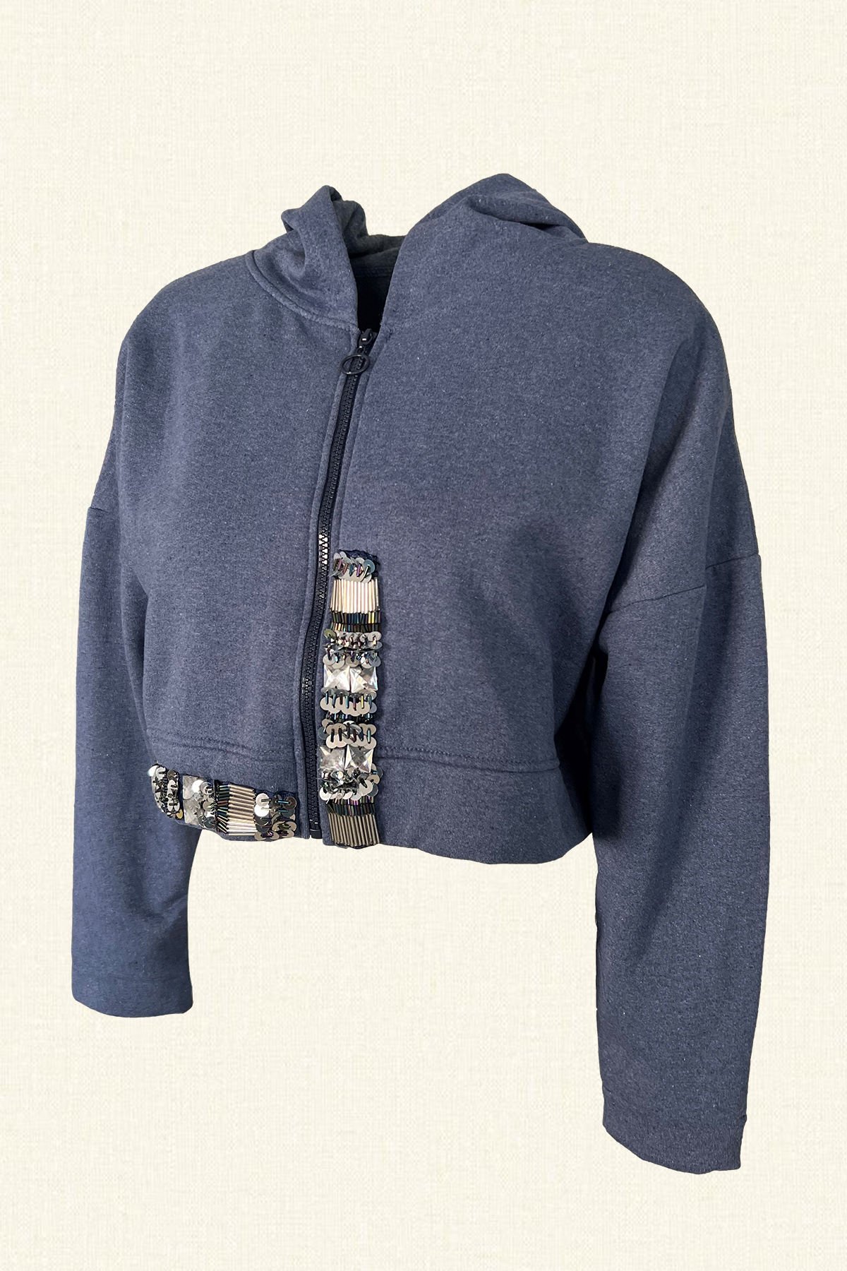 Gümüş İşlemeli Mavi Kapüşonlu Oversize Sweatshirt