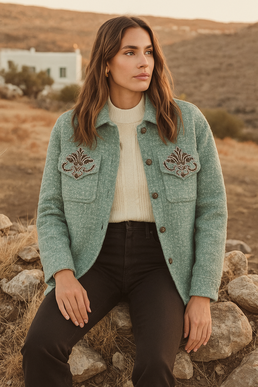 Bakır Boncuk İşlemeli Mint Yeşili Yünlü Kaşe Ceket