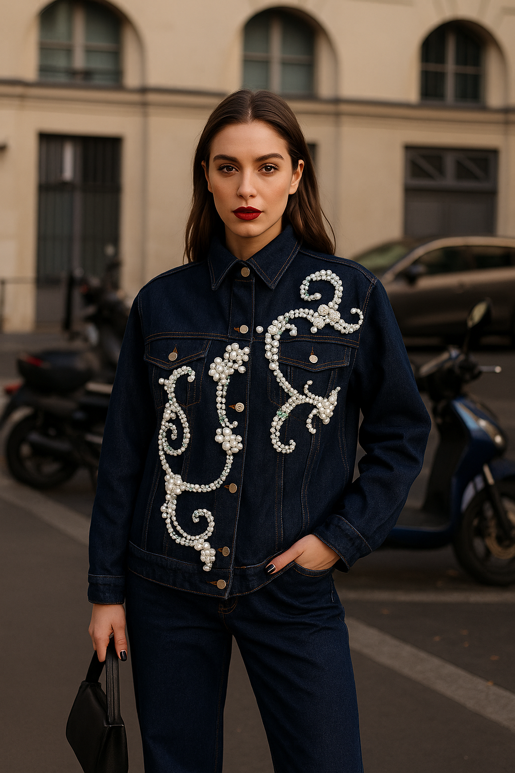 İnci ve Kristal Taş İşlemeli Koyu Renk Jean Ceket