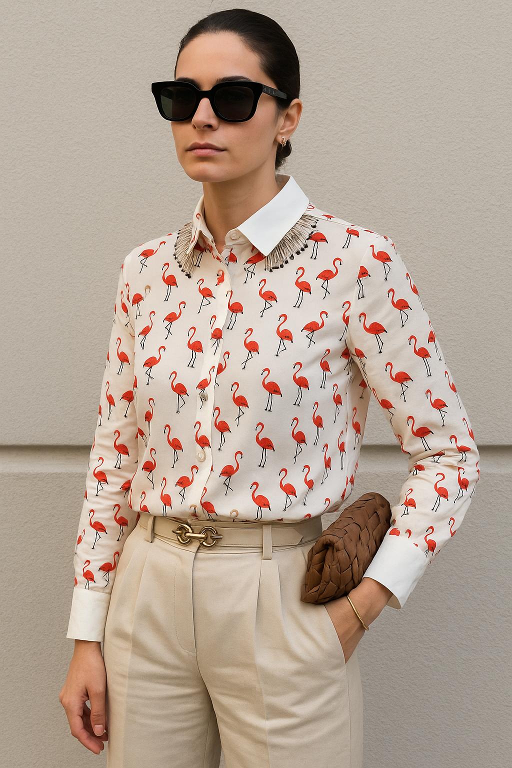 Yakası Boncuk Püsküllü Flamingo Desenli Beyaz Gömlek