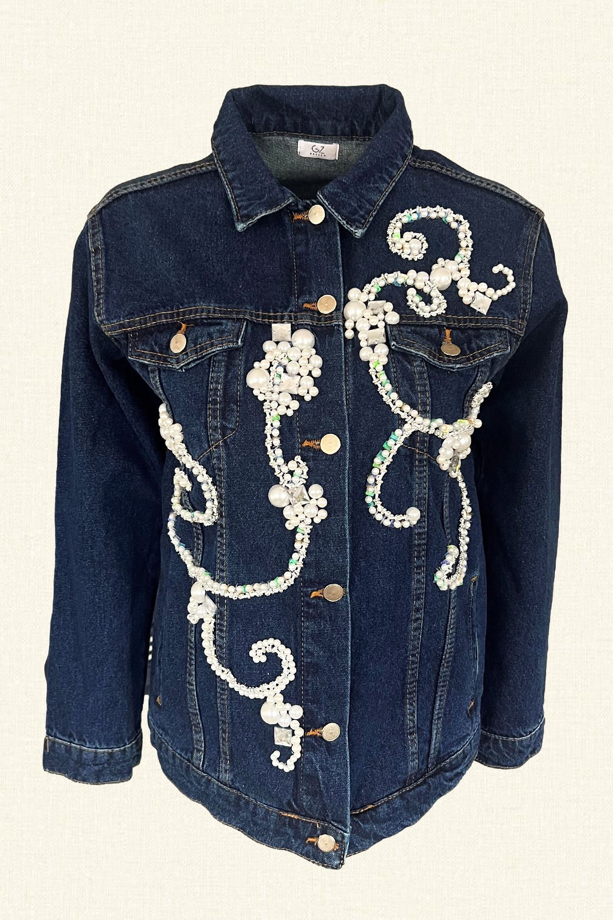 İnci ve Kristal Taş İşlemeli Koyu Renk Jean Ceket