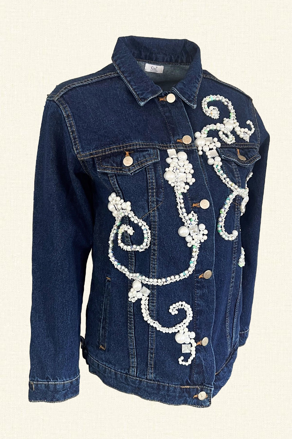 İnci ve Kristal Taş İşlemeli Koyu Renk Jean Ceket