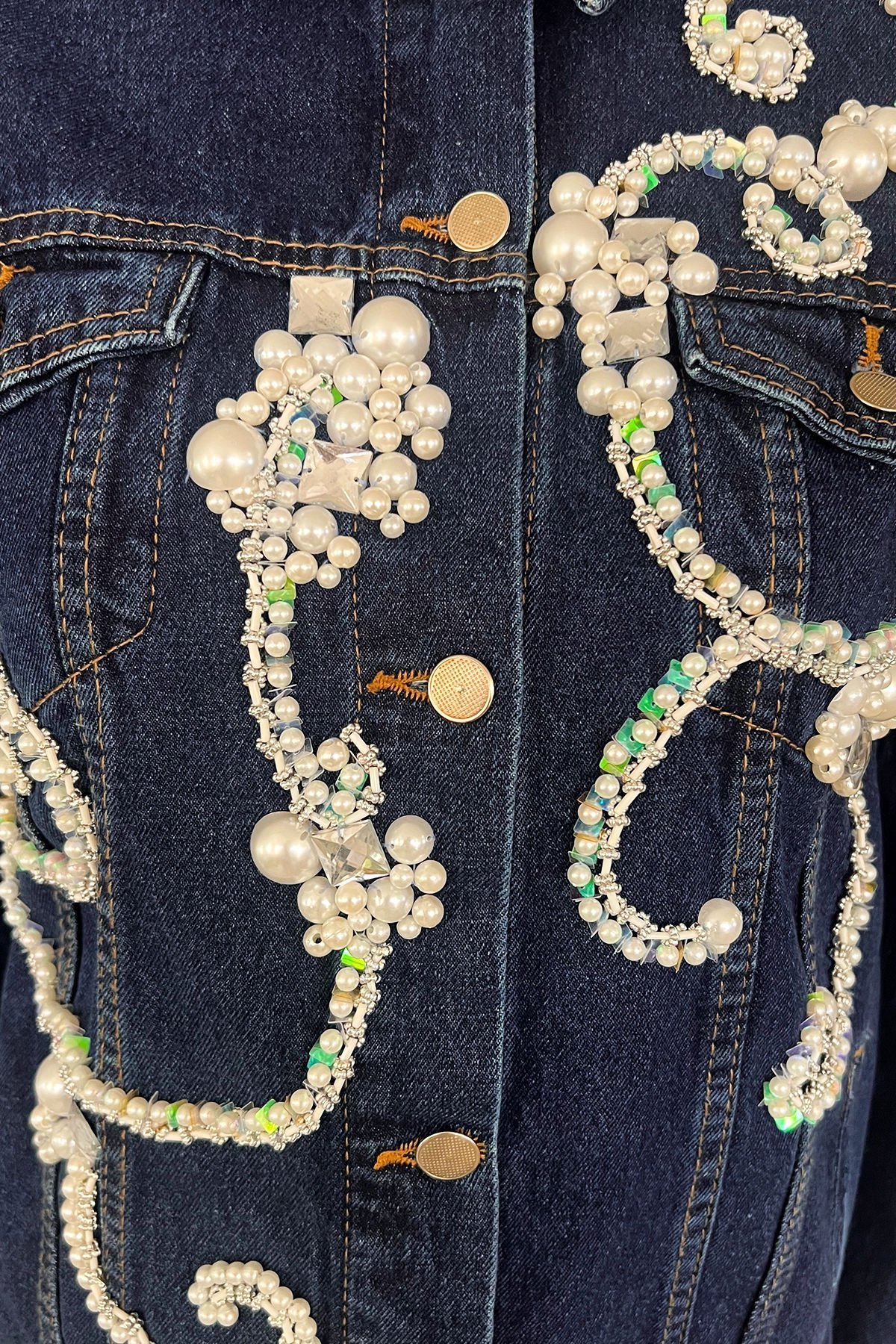 İnci ve Kristal Taş İşlemeli Koyu Renk Jean Ceket