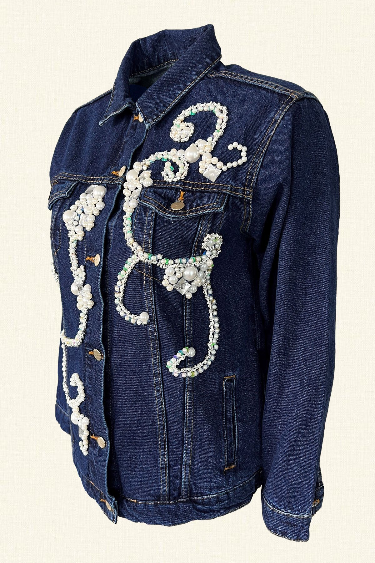 İnci ve Kristal Taş İşlemeli Koyu Renk Jean Ceket