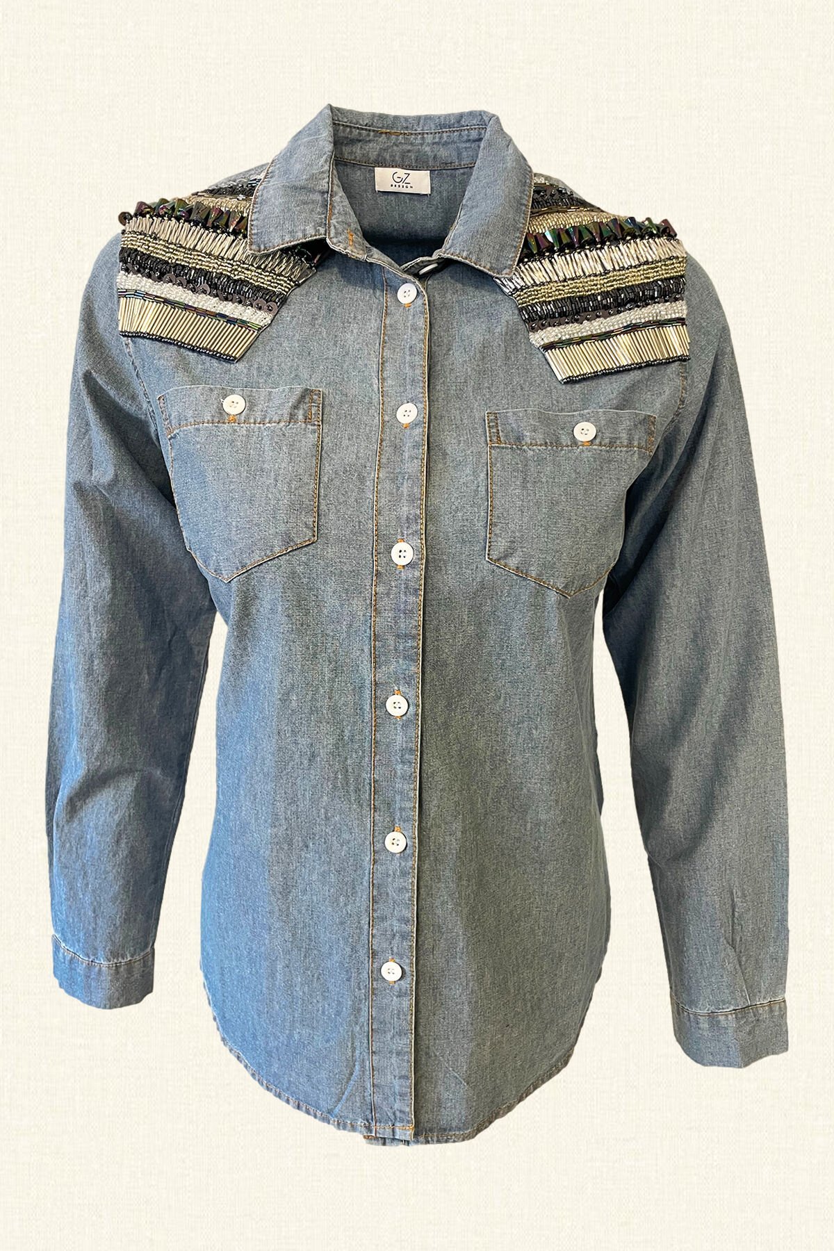 Ön Robası Kristal Taş Ve Boncuk İşlemeli Jean Gömlek