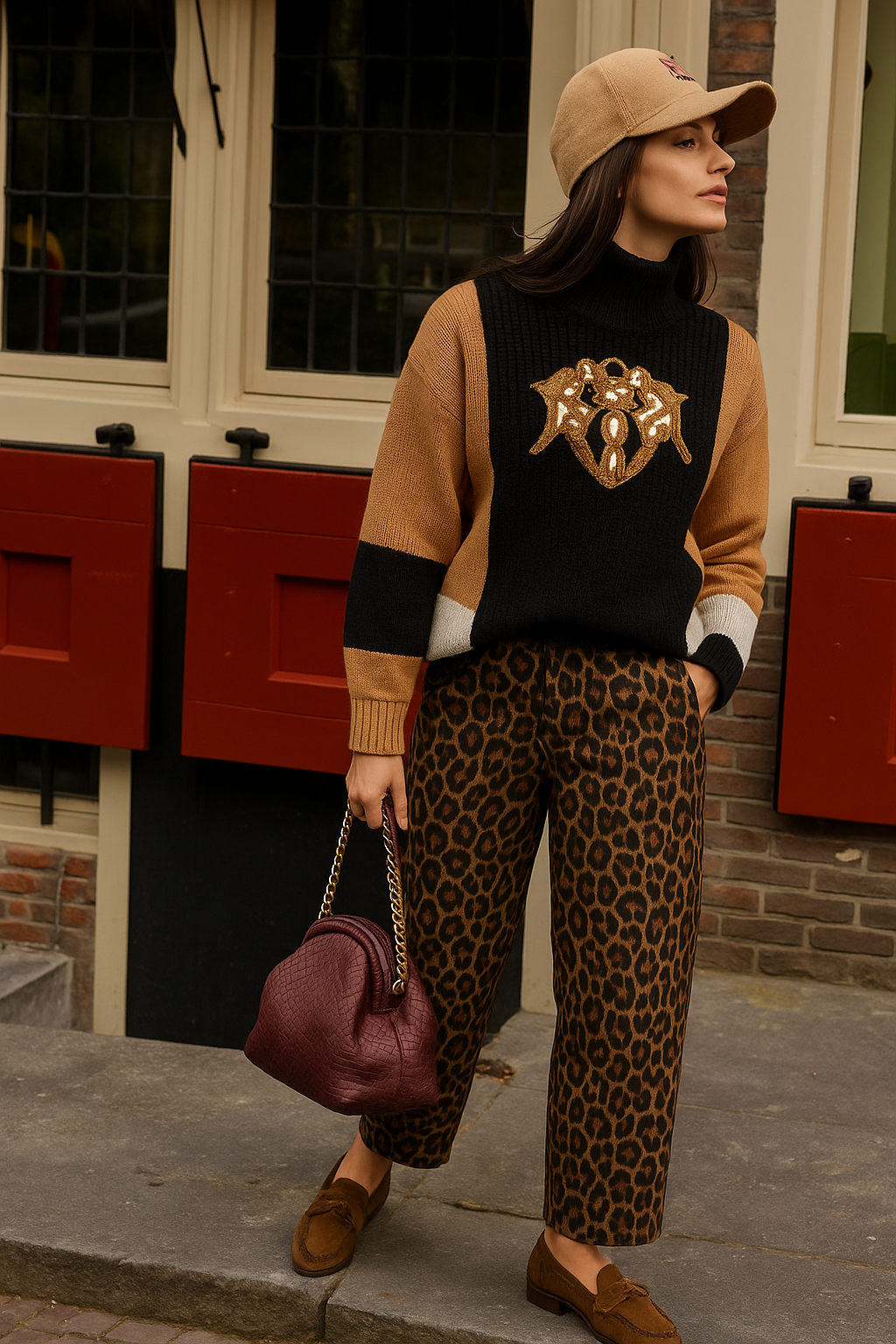 Deri Üzeri Turuncu İşlemeli 3 Renkli Triko Kazak