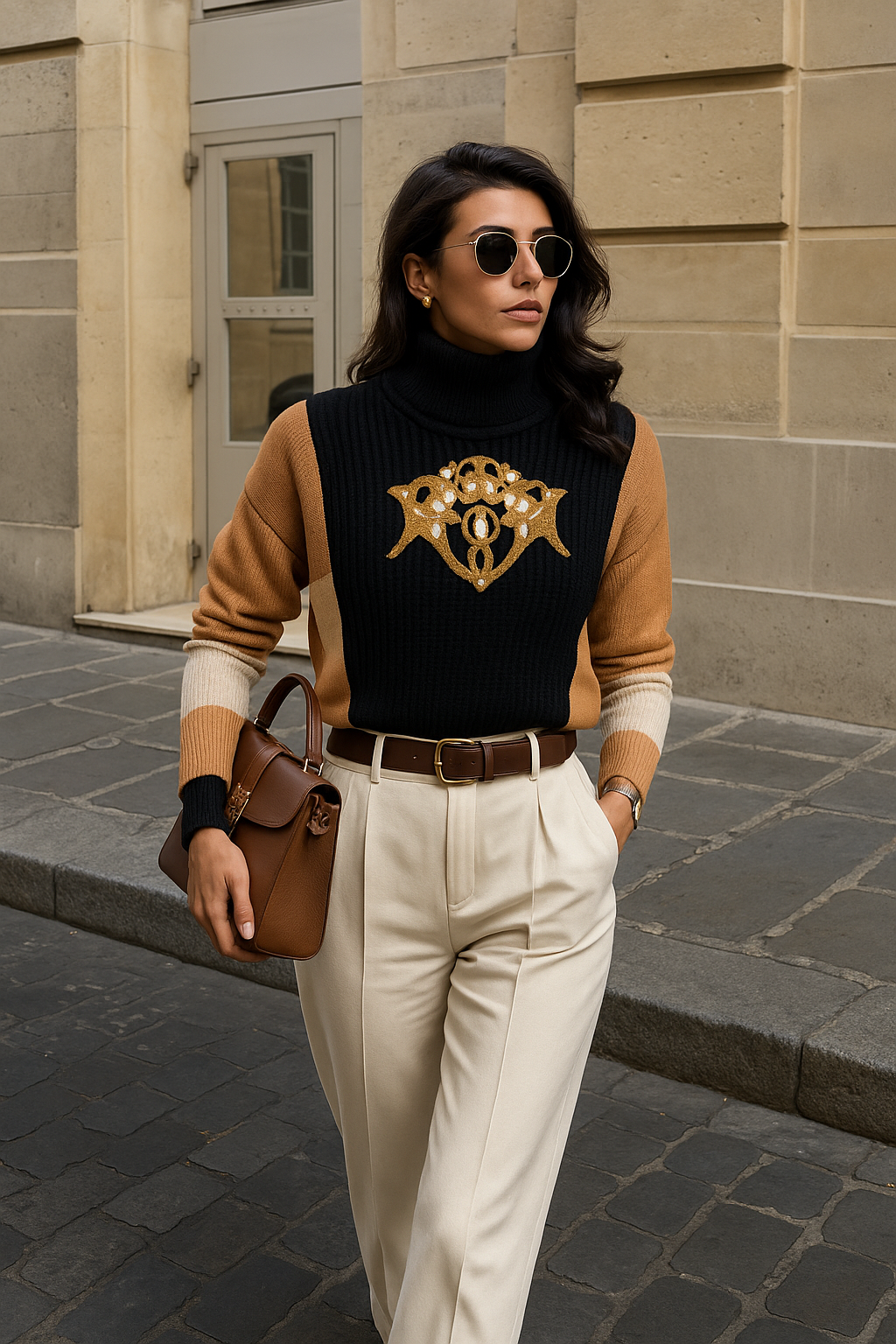 Deri Üzeri Turuncu İşlemeli 3 Renkli Triko Kazak