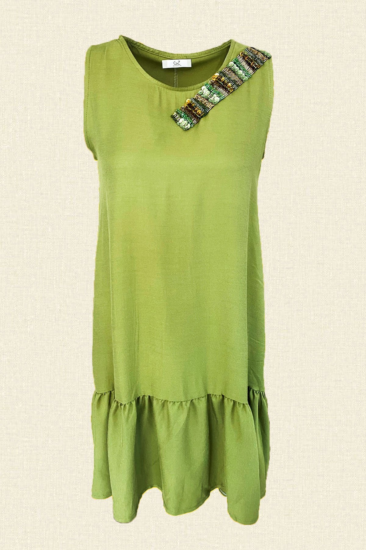 Gold İşlemeli Fırfır Detaylı Yeşil Elbise