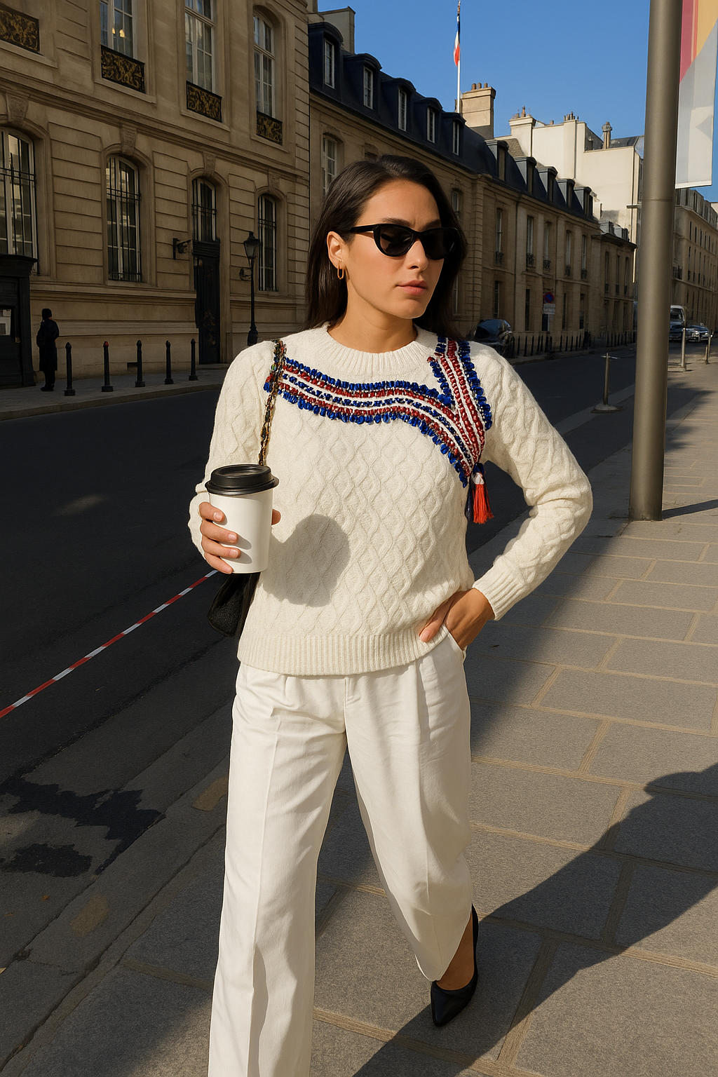 Kırmızı-Mavi İşlemeli Beyaz Triko Kazak